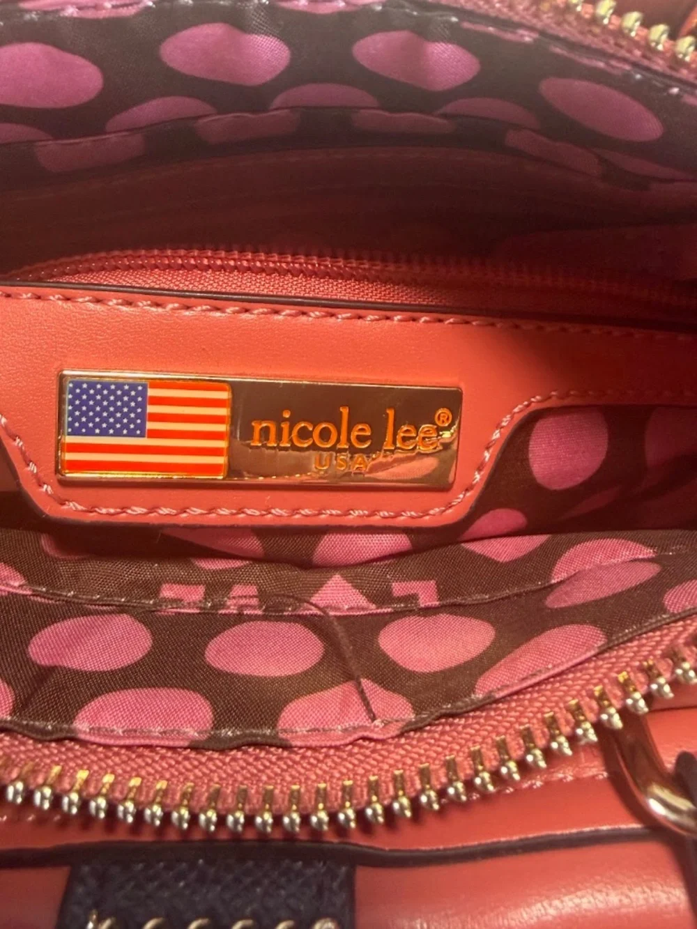 Nicole Lee USA Colorblock Satchel Handbag Navy Coral Pink Vegan Leather